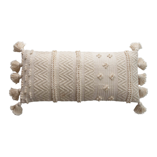 Woven Cotton Lumbar Pillow With Pom Poms, Cream Scandinavian