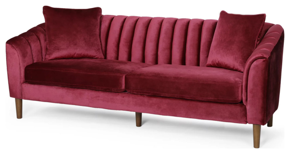 Retro Sofa, Rubberwood Legs & Velvet Seat With Curved Channel Tufted