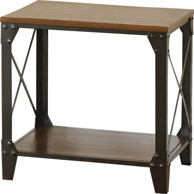 Winston Square End Table  Distressed Tobacco Brown Top and shelf in  Metal frame
