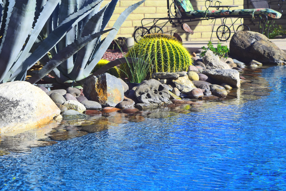 Pool - large backyard concrete paver and custom-shaped pool idea in Phoenix