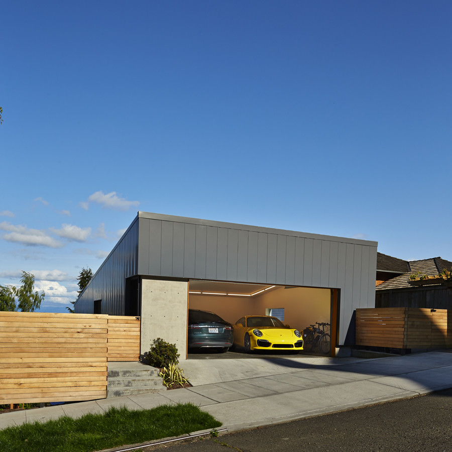 Photo of a small modern detached two-car garage in Seattle.
