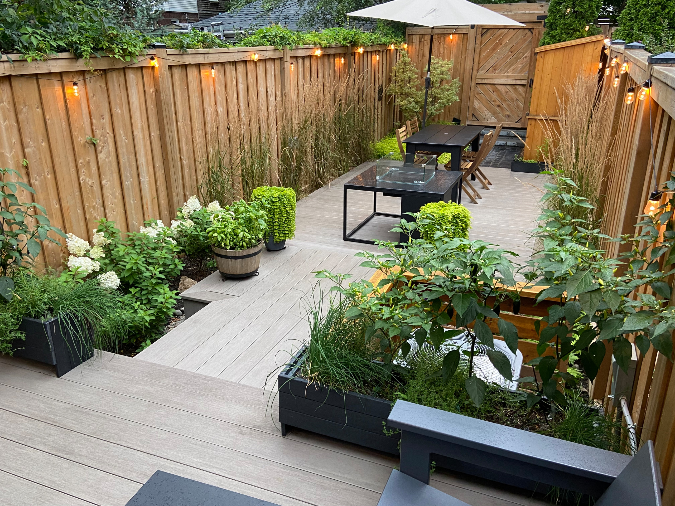 Inspiration for a mid-sized modern backyard ground level deck container garden remodel in Toronto