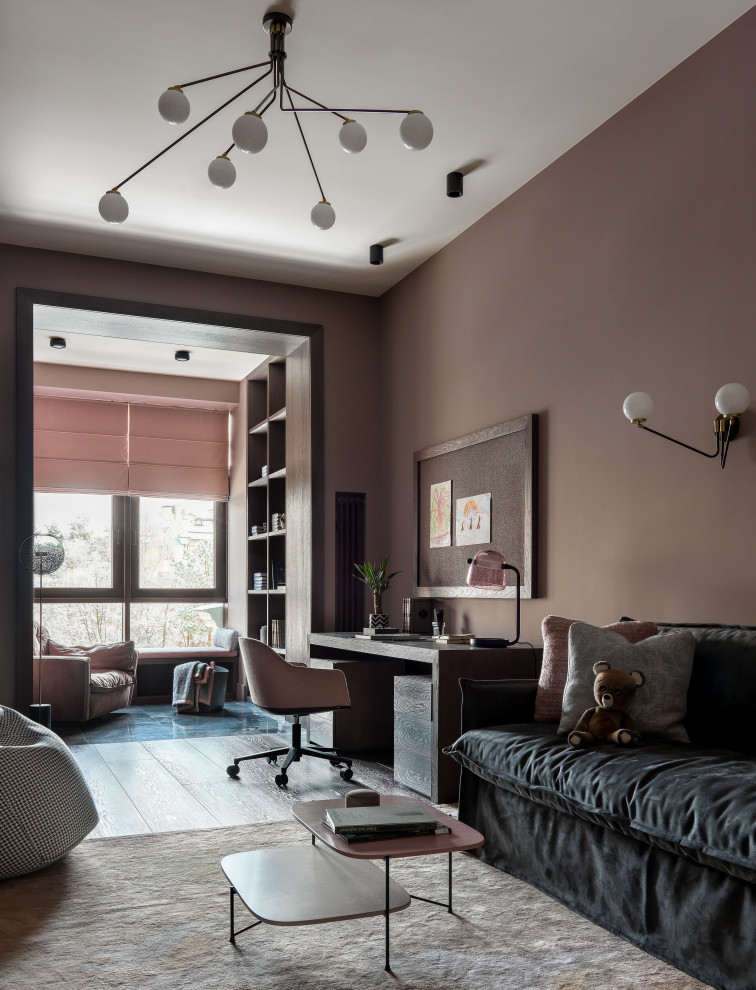 Large contemporary kids' bedroom in Moscow with pink walls, dark hardwood floors and brown floor.