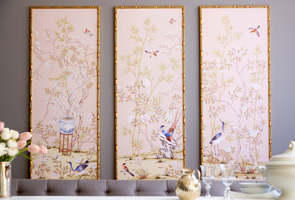 Chinoiserie Collection - Design: "Chai Wan Triptych in Rose" colorway. Framed in gold bamboo frames, without glass.