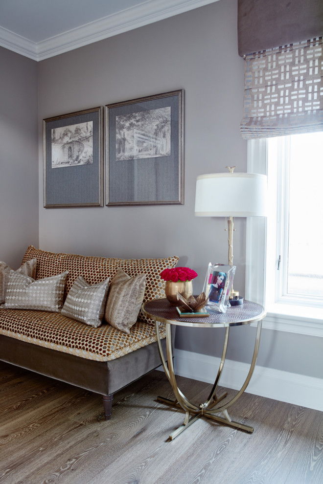 Expansive classic master and grey and purple bedroom in Toronto with grey walls, medium hardwood flooring, brown floors, a drop ceiling, wallpapered walls and a feature wall.