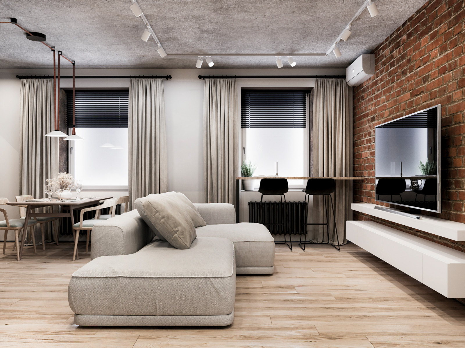 КУХНЯ-ГОСТИНАЯ В СТИЛЕ ЛОФТ, 45 КВ.М