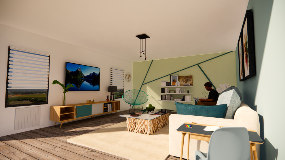 На фото: гостиная комната среднего размера в скандинавском стиле с