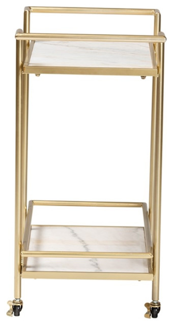 Baxton Studio Louise Contemporary Glam and Luxe Gold Metal and White Marble 2-Tier Wine Cart