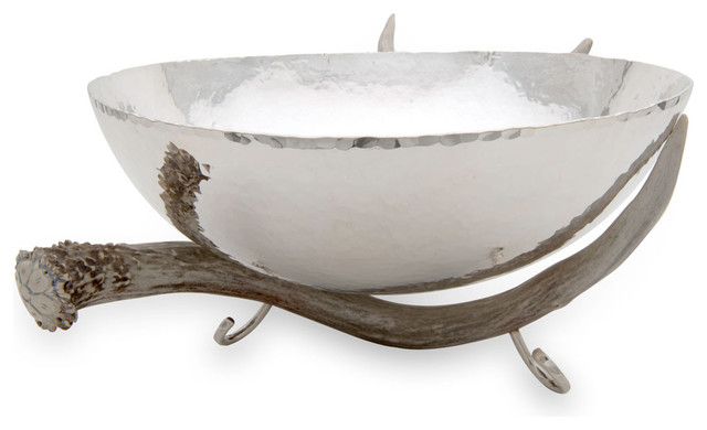 Bowl With Antler Stand, Silver, 16"