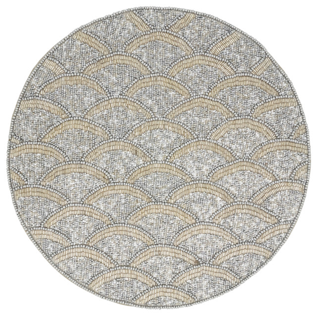 Beaded Placemats With Scallop Design, Set of 4, Silver, 15"x15", 15"x15