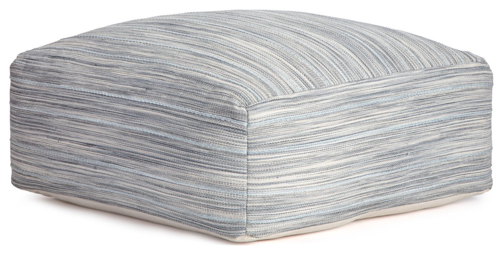Classic Pouf, Extra Large Design With Sleek Striped Upholstery, Ivory/Blue/Gray Traditional