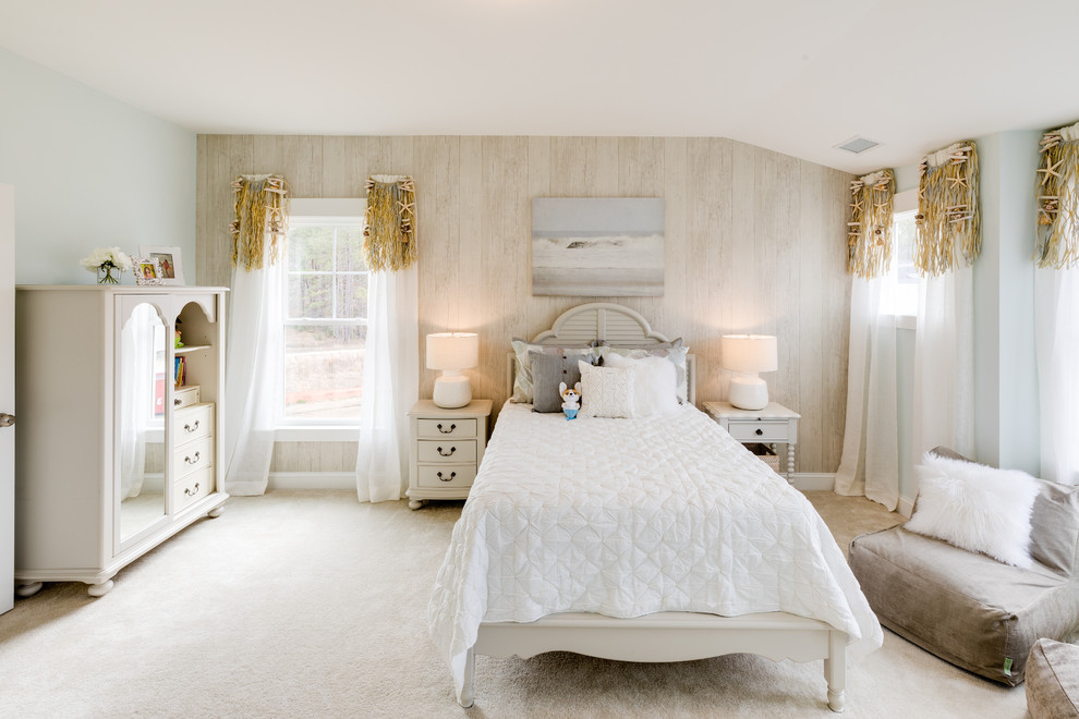 Design ideas for a large traditional guest bedroom in Other with carpet, beige floor and blue walls.