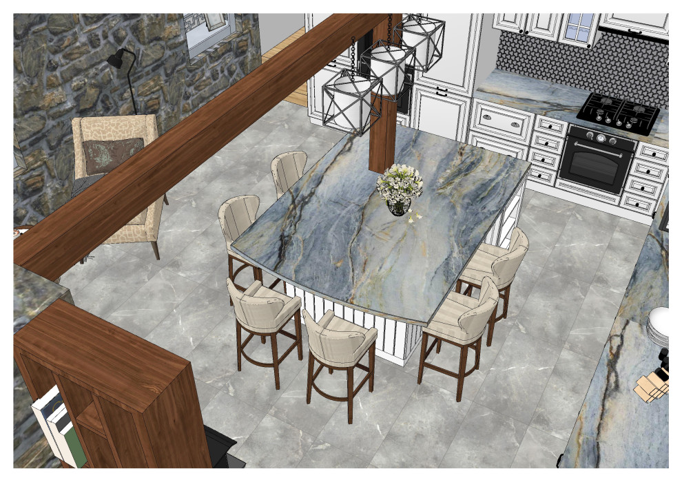 Кухня с большим островом в частном доме в США