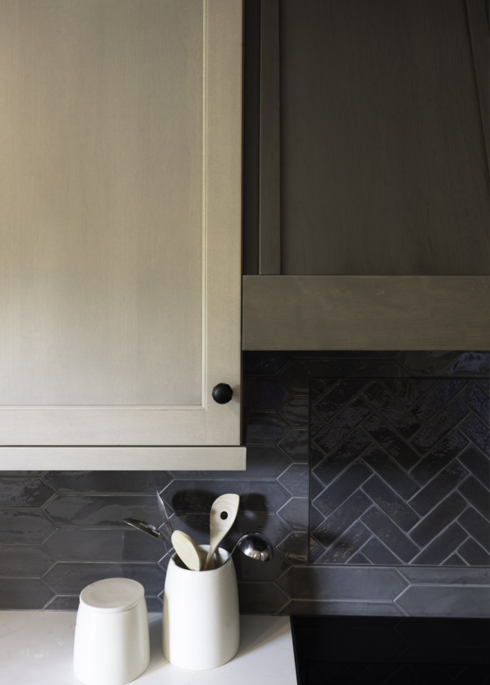 Inspiration for a large transitional eat-in kitchen remodel in Chicago with recessed-panel cabinets, light wood cabinets, quartz countertops, gray backsplash, mosaic tile backsplash, an island and white countertops