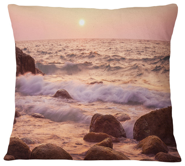 Foam Waves Hitting Rocky Coast Seashore Throw Pillow, 18"x18"