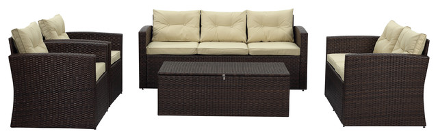 Rio 5 Piece 7 Seat Dark Brown Wicker Conversation Set With Storage And Cushions Tropical Outdoor Lounge Sets By Buildcom - Patio Conversation Sets With Cushion Storage Rio 5 Piece 7 Seat Dark Brown Wicker Conversation Set With Storage And Cushions Tropical Outdoor Lounge Sets By Buildcom - Patio Conversation Sets With Cushion Storage
