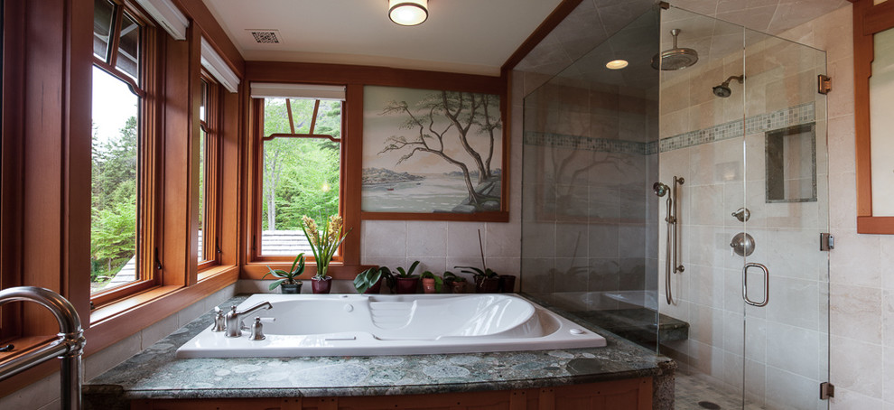 Example of a mid-sized classic gray tile bathroom design in Portland Maine with granite countertops