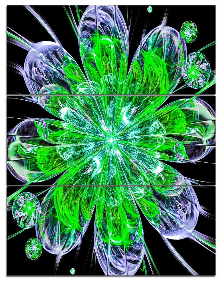 "Shiny Green Purple Fractal Flower on Black" Wall Art, 3 Panels, 28"x36