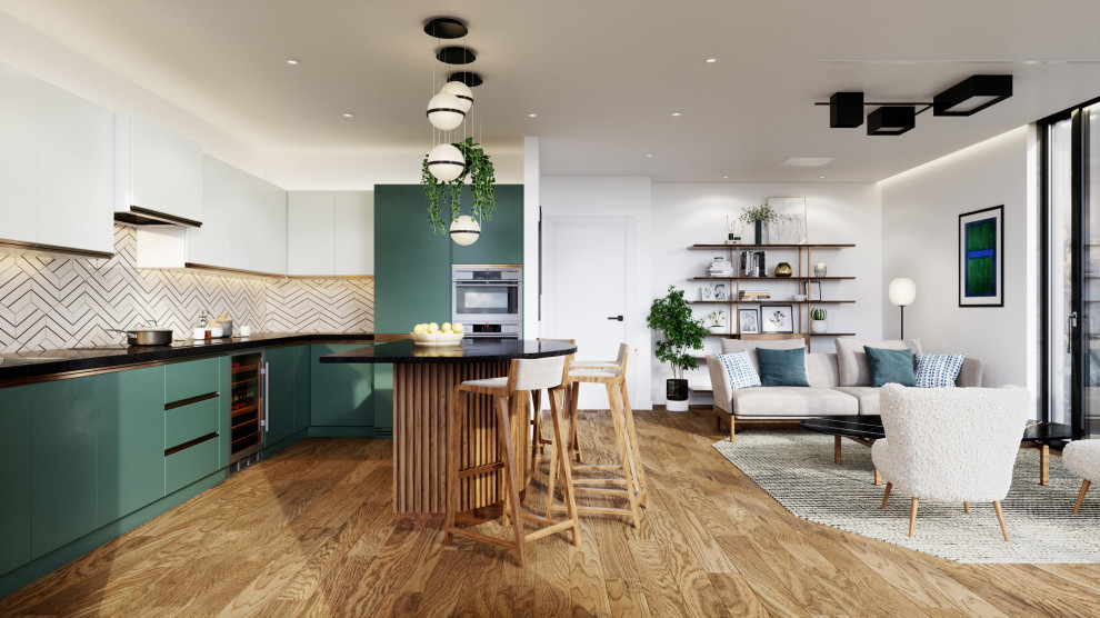 Idee per un soggiorno moderno di medie dimensioni e aperto con pareti bianche, pavimento in legno massello medio, parete attrezzata e soffitto ribassato