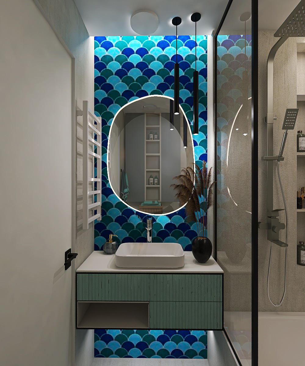 квартира в серо-бежевых тонах с яркой ванной