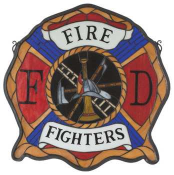 Meyda Tiffany 18999 Fireman's Shield Tiffany Glass Firefighter's Window Pane