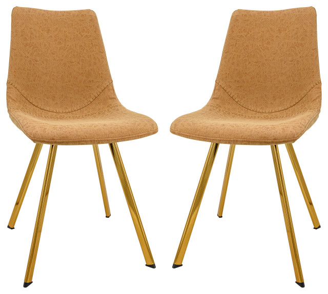Markley Modern Leather Dining Chair, Gold Legs Set of 2, Light Brown