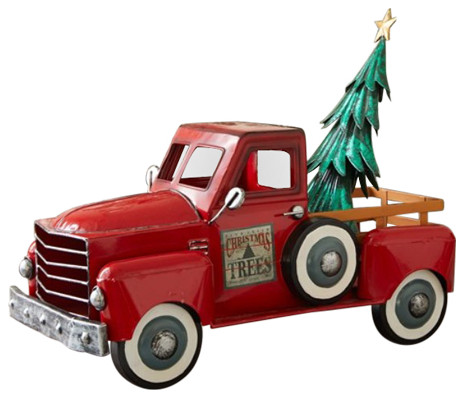 red metal truck with christmas tree