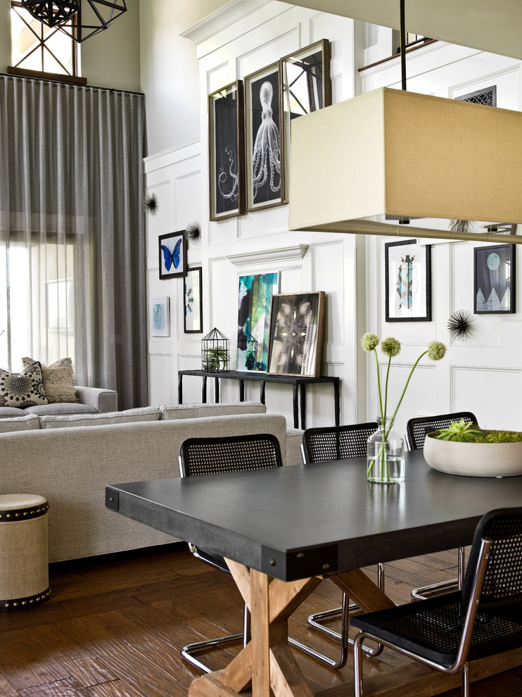 Inspiration for a transitional dark wood floor great room remodel in Chicago with white walls