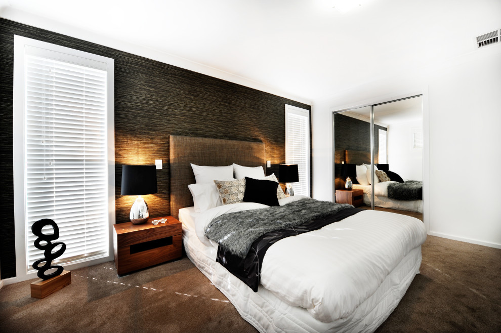 This is an example of a small contemporary master bedroom in Other with white walls, carpet, brown floor and wallpaper.