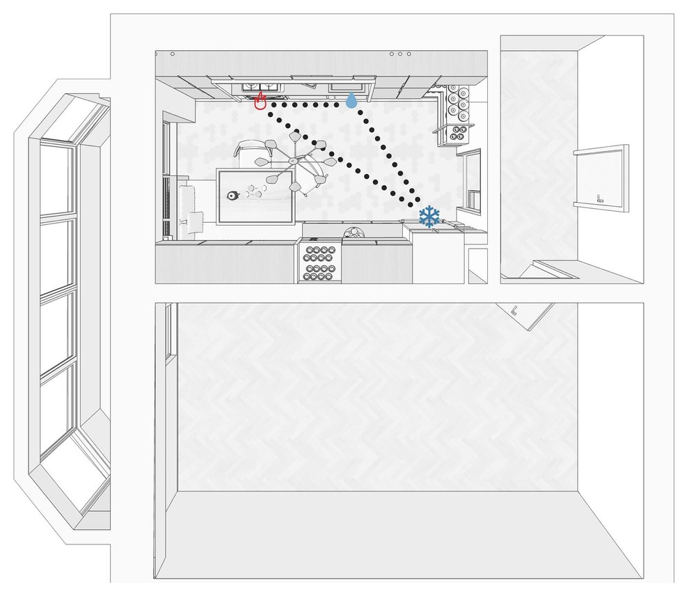 Enclosed kitchen - mid-sized modern galley ceramic tile enclosed kitchen idea with a single-bowl sink, beaded inset cabinets, dark wood cabinets, concrete countertops, blue backsplash, ceramic backsplash, black appliances and no island