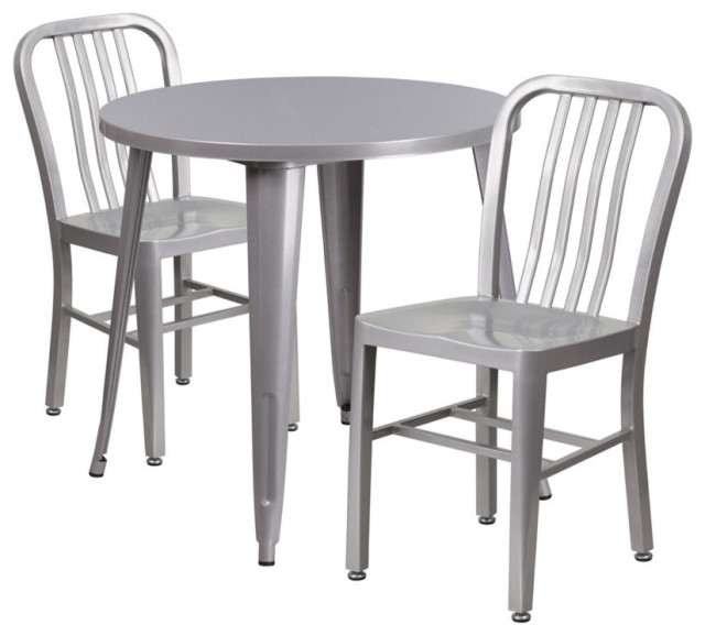 30'' Round Silver Metal Indoor-Outdoor Table Set, 2 Vertical Slat Back Chairs