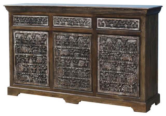 Silvestri Mango Wood Hand carved 3 Drawer Large Sideboard Cabinet