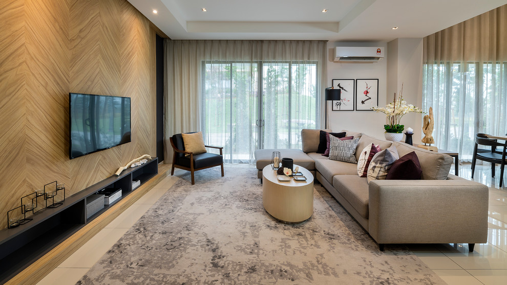 To Optimise The Layout The Car Porch Is Hidden Behind The Tv Feature Wall Sli Contemporary Living Room Singapore By Designed Design Associates Dda