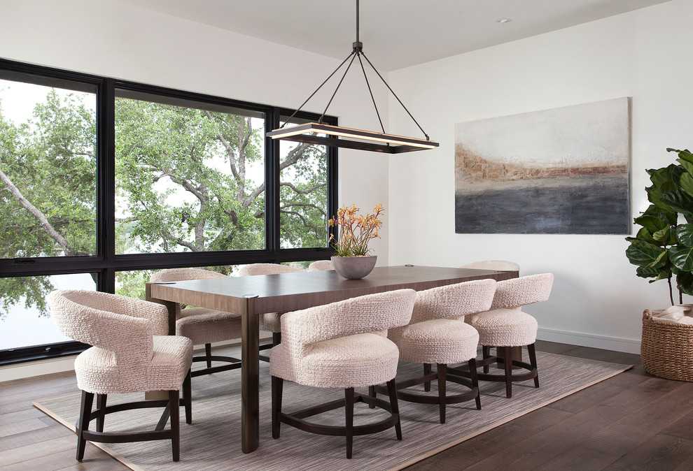 Design ideas for a contemporary dining room in Austin with white walls, medium hardwood floors and brown floor.