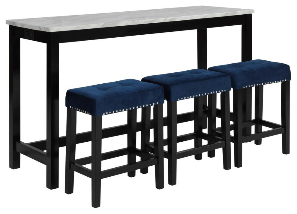 Furniture Celeste 4-Piece Faux Marble & Wood Bar Set in Blue