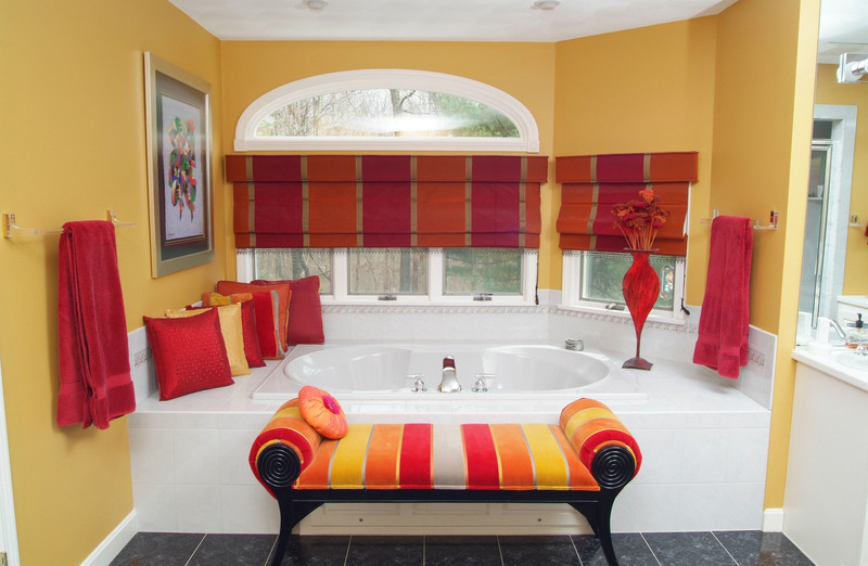 Drop-in bathtub - mid-sized master black tile ceramic tile drop-in bathtub idea with yellow walls