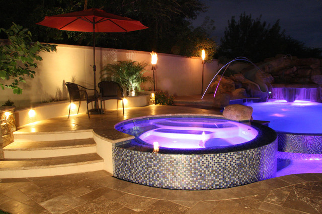 Backyard Oasis Pool Spa Swim Up Bar Grotto Slides And Water Features Mediterranean