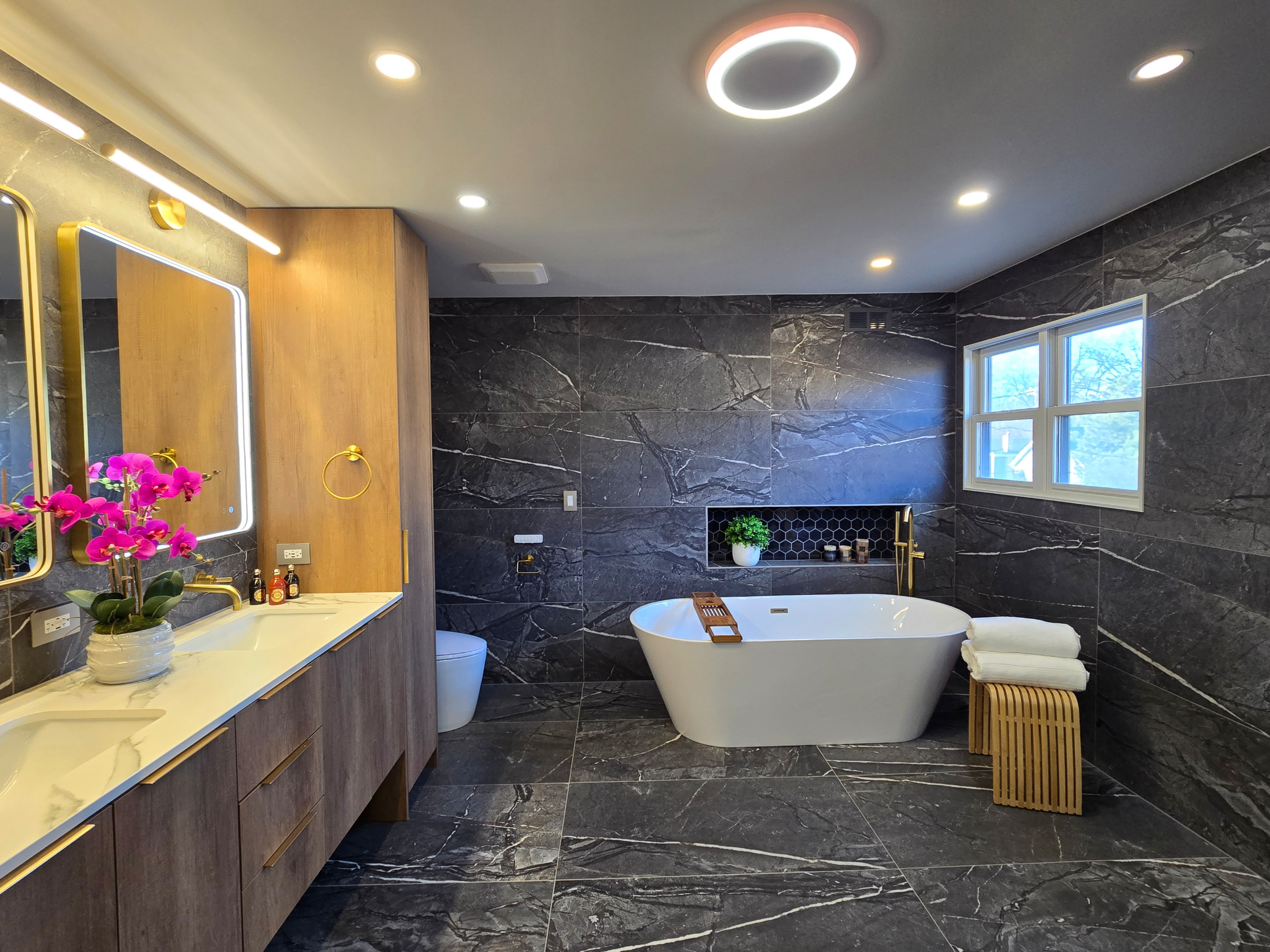 Main Bath full remodeling with custom vanity, freestanding tub & walk-in shower