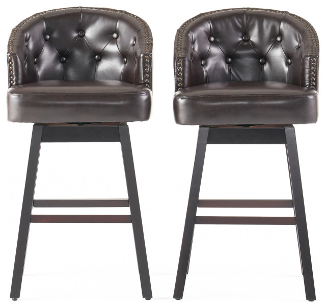 Westman Contemporary Tufted Swivel, Leather Nailhead Bar Stools With Back