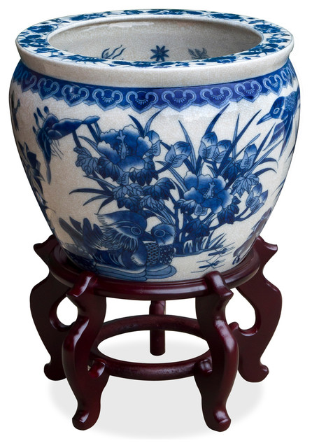 12" Blue and White Porcelain Fishbowl Planter Pot - Asian - Indoor Pots
