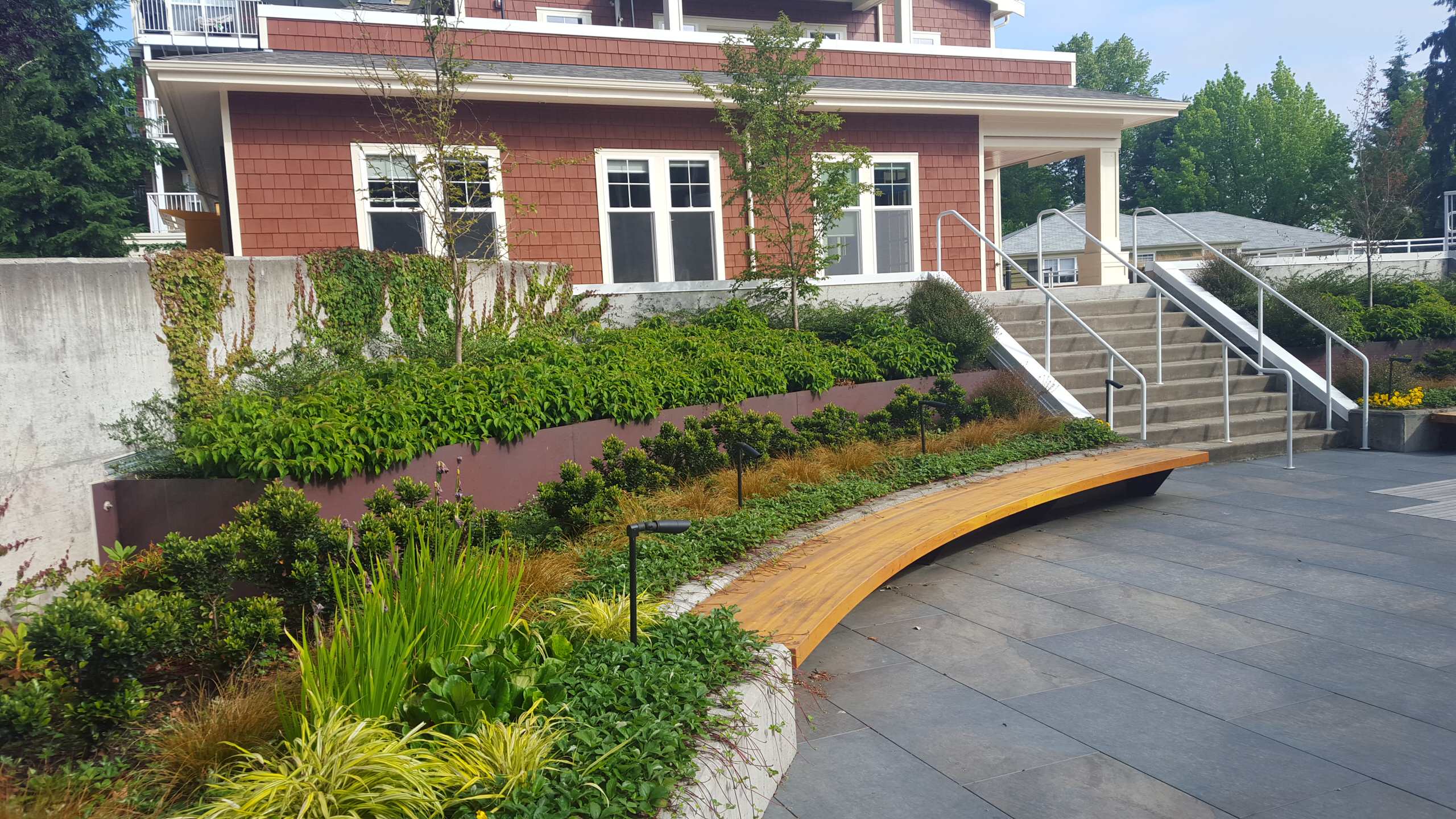 Terraced planting beds and paved court