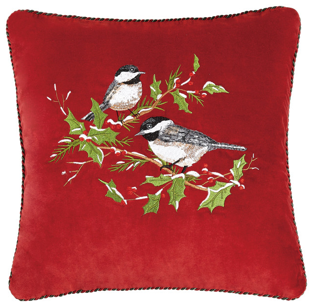 Holiday Chickadees With Winterberry Embroidered Velvet Pillow