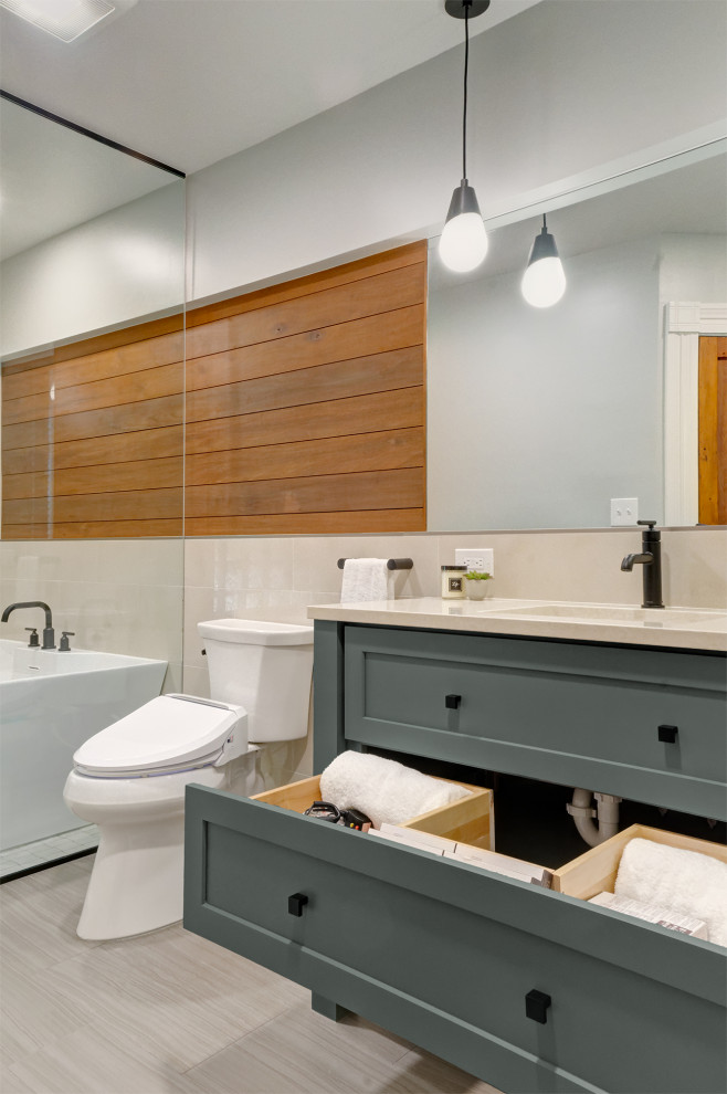Mid-sized minimalist master multicolored tile ceramic tile, gray floor and single-sink bathroom photo in Columbus with recessed-panel cabinets, turquoise cabinets, a bidet, beige walls, an undermount sink, quartzite countertops, white countertops, a niche and a freestanding vanity