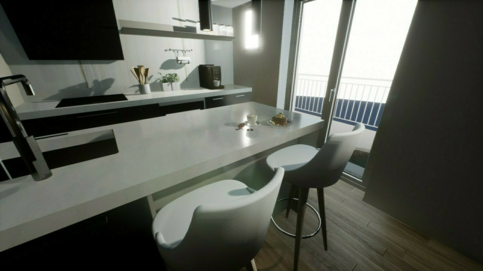 На фото: параллельная кухня-гостиная в современном стиле с накладной мойкой, плоскими фасадами, черными фасадами, белым фартуком, фартуком из керамогранитной плитки, черной техникой, светлым паркетным полом, островом, белой столешницей и любым потолком с