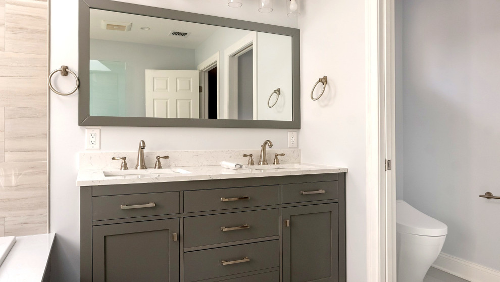 Gray Double Vanity with Framed Mirror