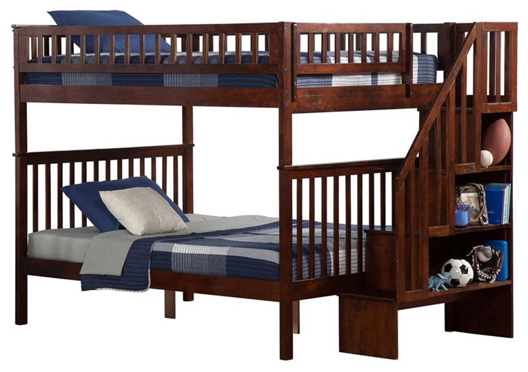 AFI Woodland Twin Over Twin Solid Wood Staircase Bunk Bed in Walnut