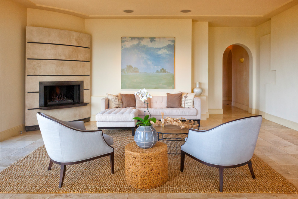 Mediterranean living room in San Francisco with beige walls and brown floor.