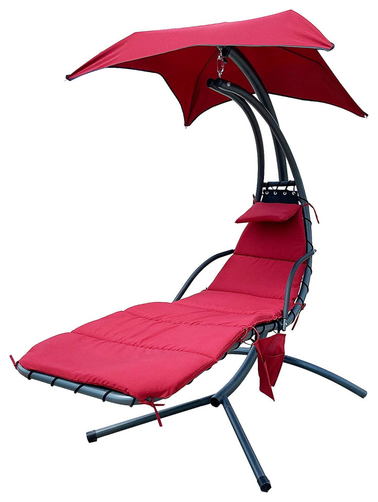 Ergonomic Lounge Swing Chair, Curved Black Metal Frame With Canopy, Burgundy