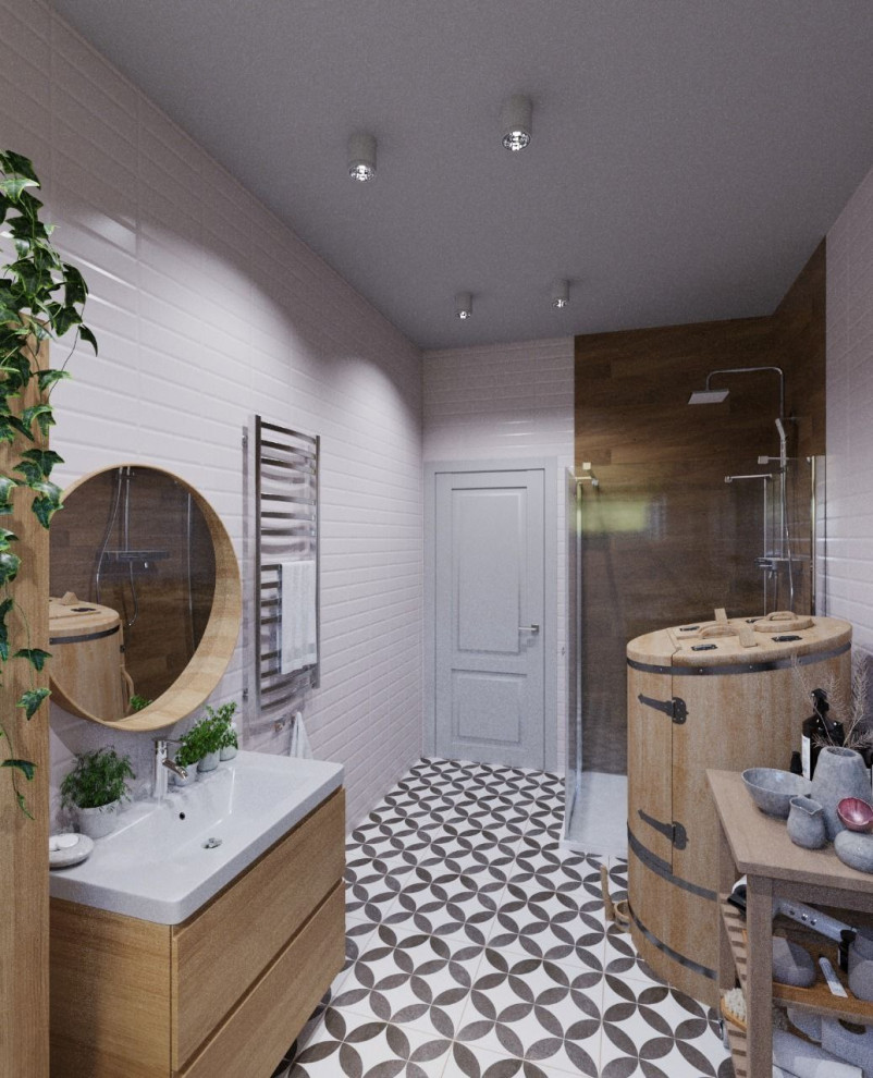 Стильный дизайн: главная ванная комната среднего размера, в белых тонах с отделкой деревом в современном стиле с плоскими фасадами, бежевыми фасадами, отдельно стоящей ванной, душевой комнатой, инсталляцией, белой плиткой, плиткой кабанчик, белыми стенами, полом из керамической плитки, врезной раковиной, разноцветным полом, душем с раздвижными дверями, белой столешницей, гигиеническим душем, тумбой под одну раковину и подвесной тумбой - последний тренд
