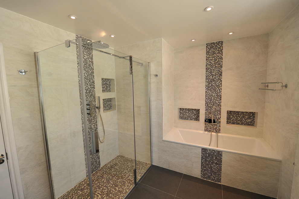 Design ideas for a mid-sized contemporary bathroom in London with a wall-mount sink, flat-panel cabinets, brown cabinets, an open shower, a wall-mount toilet, white tile, stone tile and ceramic floors.